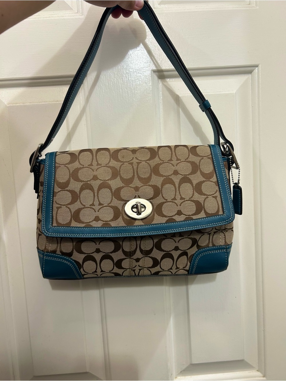 Coach Hampton Signature Brown Canvas Blue Teal Leather Trim Flap Bag F13972